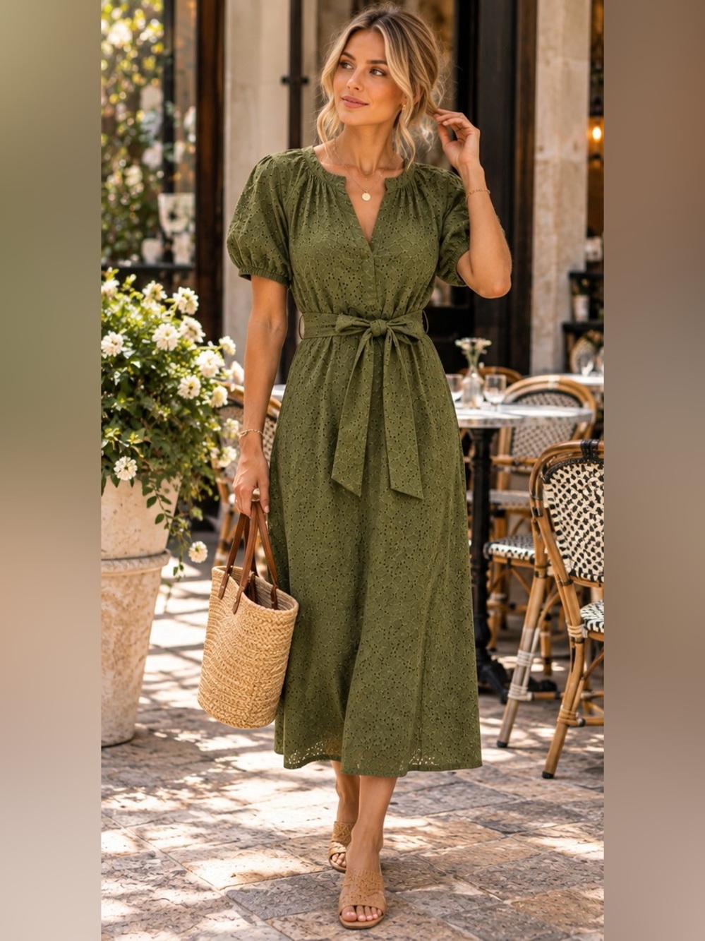 Ann Taylor Factory Eyelet Tie-Waist Midi Dress - color: Moss Green - size: 2